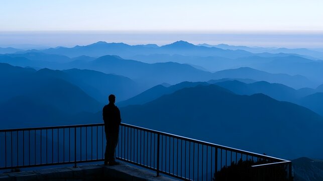 A solitary figure stands at a railing overlooking a vast expanse of layered mountain ranges under a soft blue sky