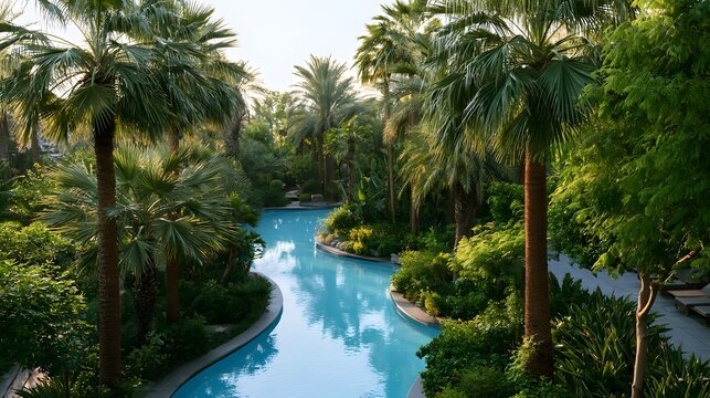 A serene winding pool surrounded by lush palm trees and tropical vegetation under soft daylight
