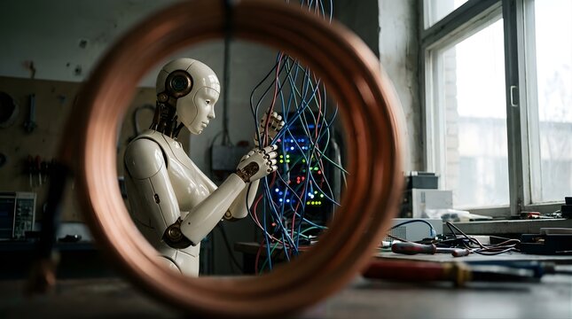 Humanoid robot fixing complex electric wires in a workshop