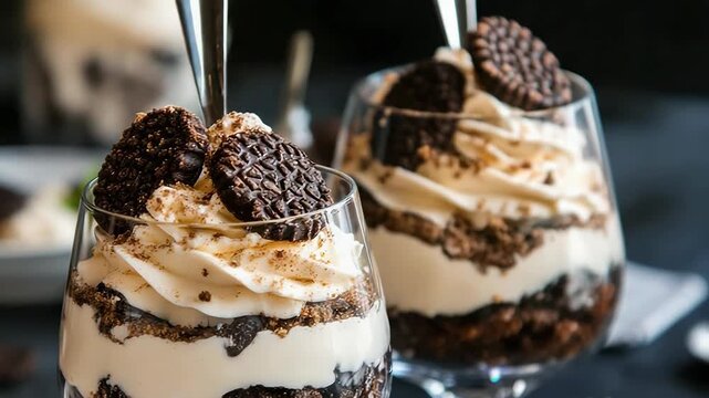Creamy dessert layers topped with drizzled sauce and cookies in elegant glassware