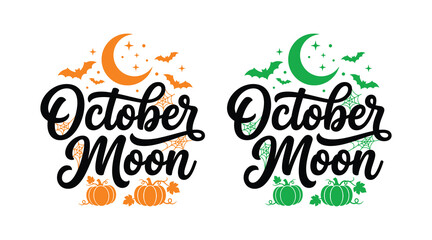 Halloween october moon typography spooky lettering with pumpkins bats and crescent moons © MahfuzurRahman