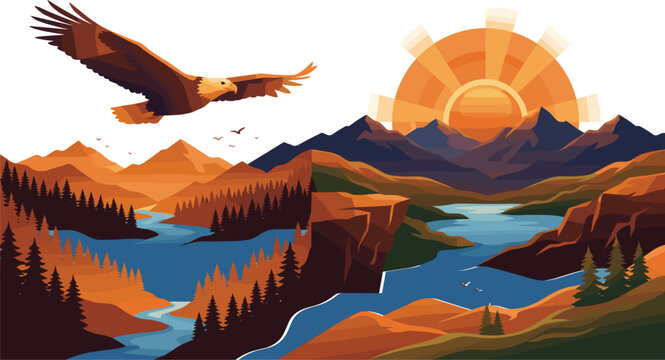 Majestic bald eagle soaring over beautiful mountain wilderness landscape with river forest pine trees and dramatic sunset sky,