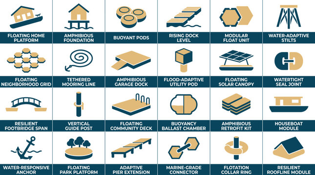 Amphibious Architecture and Flood Resilient Infrastructure Icon Set