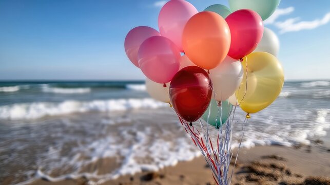 A colorful gathering of balloons contrasts the vastness of the ocean and sky backdrop celebrating