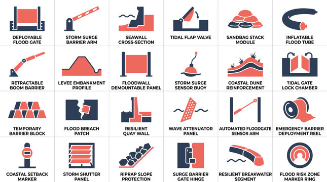 Flood Defense and Coastal Protection Engineering Icon Set