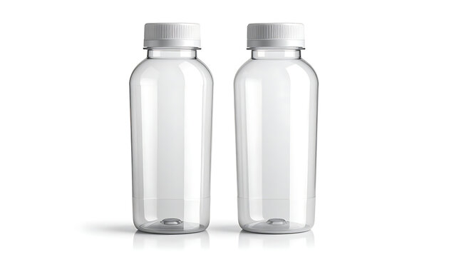 Two empty clear plastic bottles with white caps on a white background, studio shot