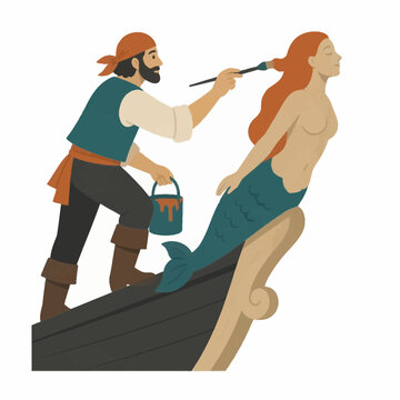 Vector illustration of a bearded pirate wearing a red bandana and teal vest painting a wooden mermaid figurehead on the bow of a sailing ship with a brush and orange paint bucket.