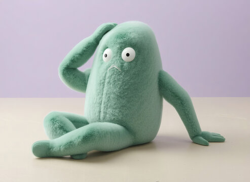 Whimsical 3D digital illustration of a playful, abstract fuzzy green monster character sitting on the floor and scratching its head with a funny confused expression.