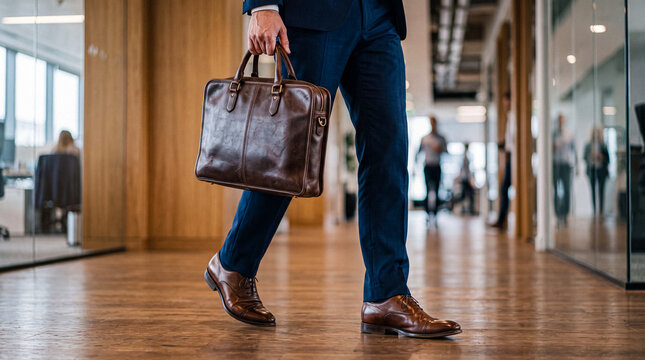 Dynamic businessman striding confidently through a polished modern office, carrying a sophisticated leather briefcase.