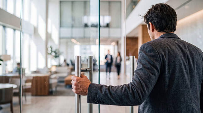 Businessman in dark suit entering modern office through sleek glass doors.