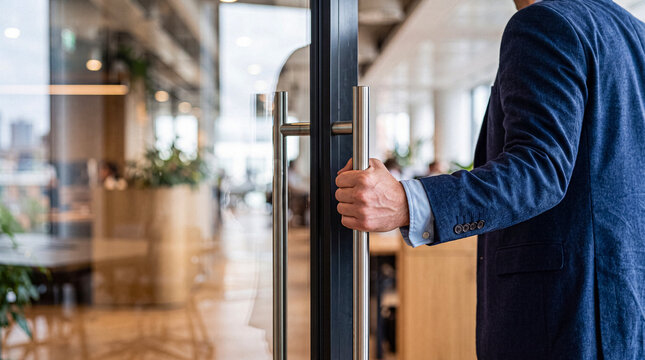 Close-up of a businessman's hand opening a sleek glass door to a modern, brightly lit corporate office.