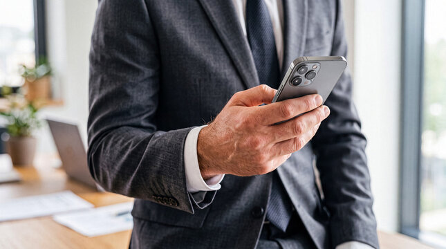 Professional businessman in a dark formal suit and white shirt actively engaging with a modern smartphone in a bright.