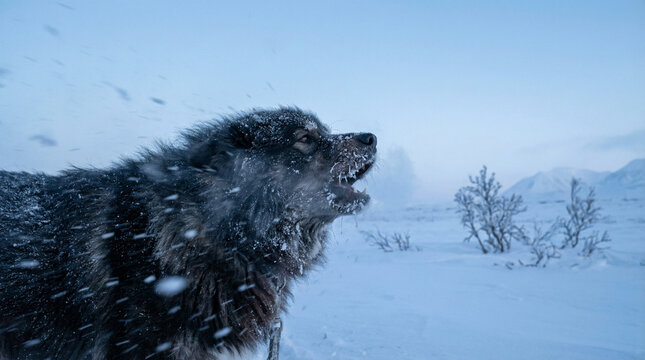 Vicious Dog in a Snowy Attack Stance Barking Aggressively During a Winter Storm in a Cold Wilderness Landscape Setting