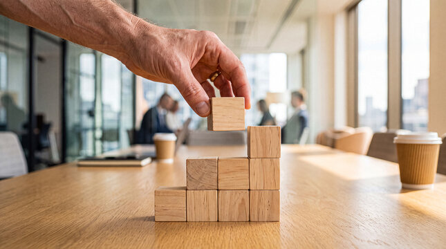 Hand positioning a wooden block on a staircase structure on a light table.