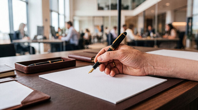 Professional male hand holding a luxurious fountain pen over blank paper.