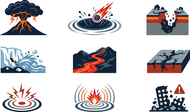 Natural disaster icons set including volcano eruption earthquake meteor impact landslide lava flow and building collapse vector illustration