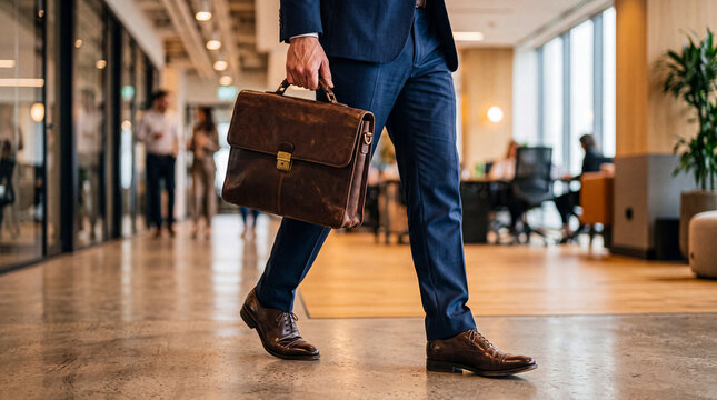 Professional businessman walking through a contemporary office corridor, carrying a classic leather briefcase in hand.