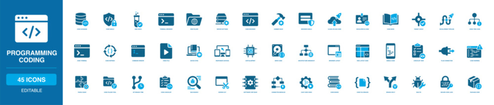 Programming Coding Solid Icon Set with code database, terminal browser, server settings, developer ID, pipeline, node tree, command window, responsive devices, secure code lock and bug fix