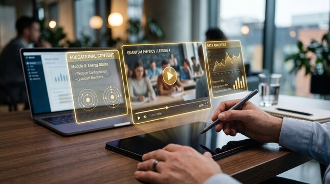 Student studying quantum physics online using a futuristic interactive hologram interface on tablet