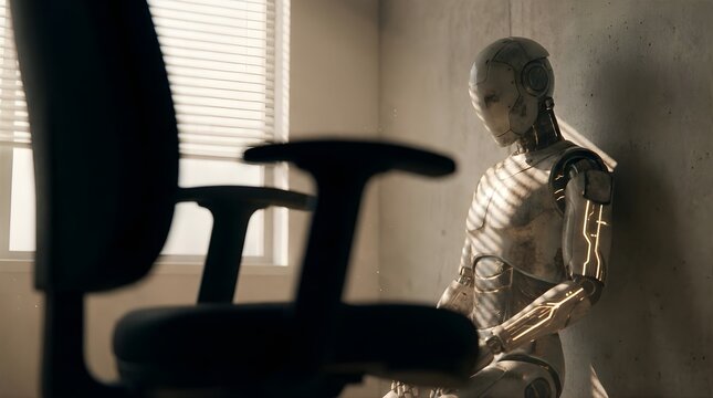 Futuristic robot sitting in dim office concept