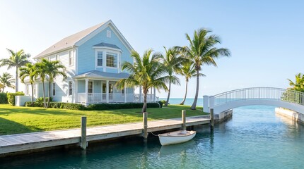 Fototapeta premium A scenic waterfront cottage with a wooden dock and a small boat in the canal