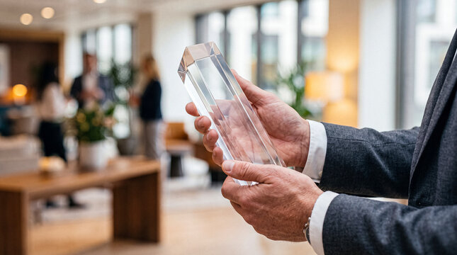 Close-up of professional hands proudly holding a gleaming crystal award, symbolizing corporate achievement and success.