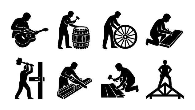 Craftsman Silhouette Icons: Woodworking, Carpentry, Musical Instrument Making, Barrel Crafting, Wheelwright, Construction, 8 Vector Graphics for DIY and Trade