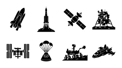 Space Exploration Vector Icons: Rockets, Satellites, Rovers, Spacecraft, ISS, and Landers for Futuristic Designs © Riaz