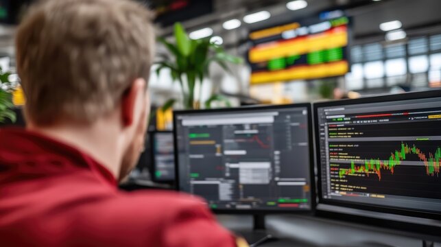 Man analyzing stock market data on multiple computer screens in modern office