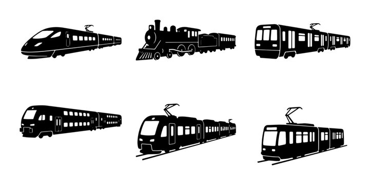 Diverse Train Silhouettes Collection: Modern High-Speed, Classic Steam, Urban Tram, and Commuter Rail Icons for Transportation Graphics