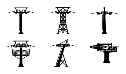 Set of 6 Black and White Cable Car Towers, Gondola Lift Supports, Ski Lift Pylons, Aerial Tramway Infrastructure Icons, Transportation and Industry Vector Graphics © Riaz