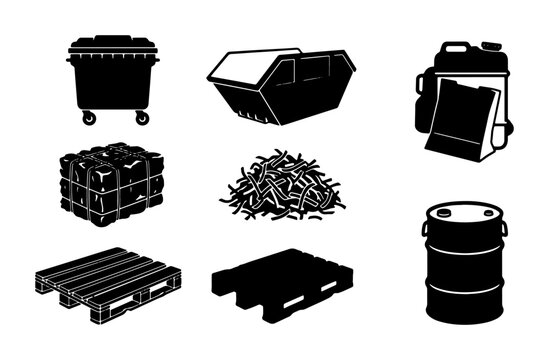 Industrial Waste and Recycling Icons: Skip Bin, Pallets, Drums, and Bales Vector Set for Environmental and Logistics Concepts