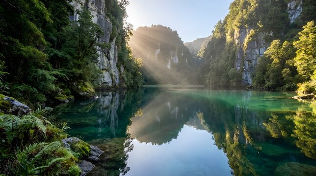 Pemandangan Danau Jernih di Dalam Ngarai Hijau dengan Kilauan Sinar Matahari Pagi