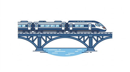 Modern high speed train crossing a blue arched bridge over water. © amel