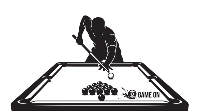 Billiard player silhouette taking a shot on a pool table, black and white snooker vector illustration, game on sports graphic design