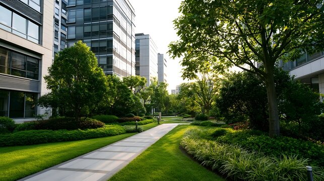 Modern office buildings surrounded by lush greenery and a paved walkway under bright daylight