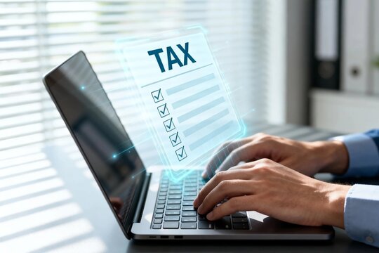 Businessman working on tax form on laptop