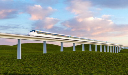 Fototapeta premium Rendering of a high-speed train speeding across the grassland