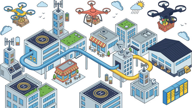 Smart city isometric drone delivery infrastructure network with automated quadcopters shipping food and groceries across urban buildings vector illustration
