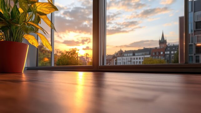 Tranquil sunrise view through window featuring houseplant and city skyline silhouettes