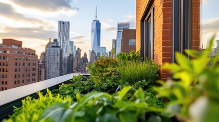 Fototapeta premium Urban rooftop garden with the new york city skyline featuring greenery and modern architecture