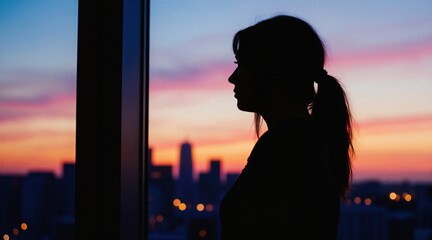 Fototapeta premium Woman silhouette gazes at city skyline during vibrant sunset from window. Contemplating future decisions, personal growth, business strategy or career planning.