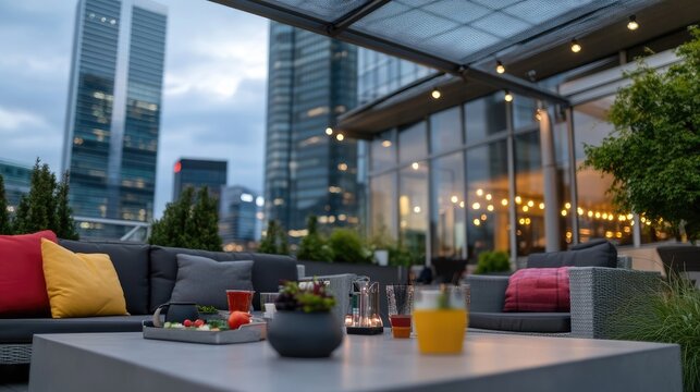 Urban relaxation: Rooftop lounge with stylish decor and city skyline backdrop creates peaceful