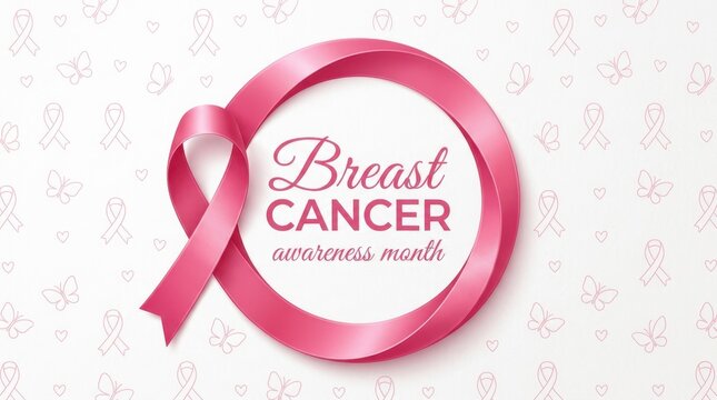 Breast Cancer Awareness Month Pink ribbon breast cancer awareness month graphic with butterfly pattern background for support hope and community message