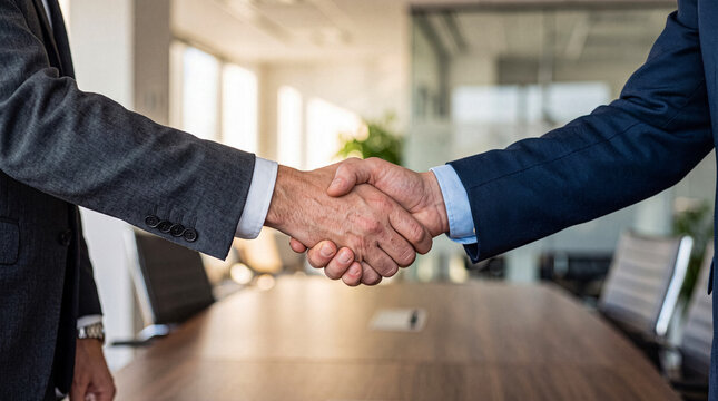 Two successful businessmen in suits shake hands over a large wooden conference table in a bright.