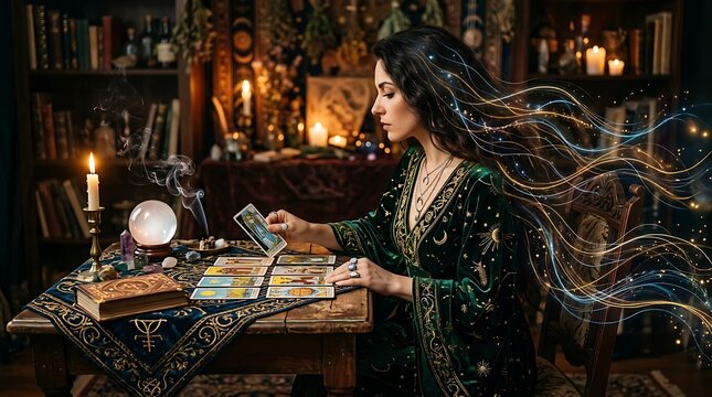 Mystical fortune teller reading tarot cards.