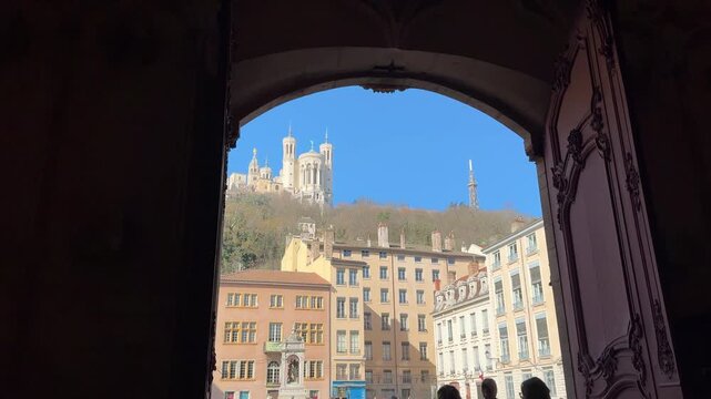 Basilica of Notre Dame of Fourvi&egrave;re Framed by Saint Jean Cathedral Doorway in Lyon