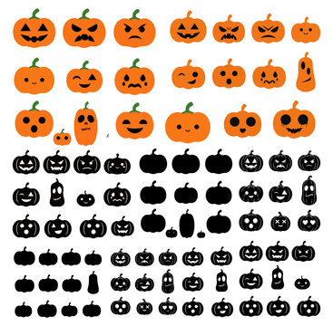 Halloween Pumpkin Faces Mega Vector Set. Orange Jack O Lantern Emoji, Black Silhouette Icons, Solid Shadow Shape Component Sheet Isolated on White Background for Ultimate Sticker Design