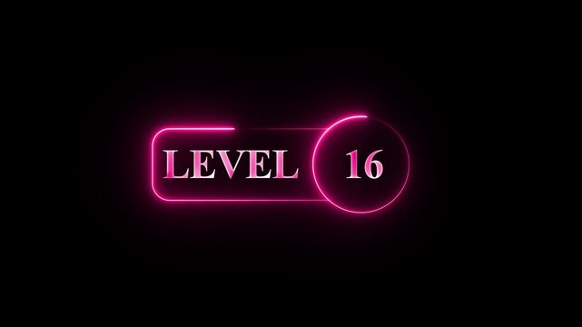 Level 16 neon sign motion graphic animation with a black background, glowing with a vibrant magenta color, featuring a modern and sleek design