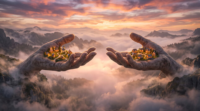 Surrealist connection metaphor, enormous hands with tiny warm communities, golden mist, dramatic wide scene, no people
